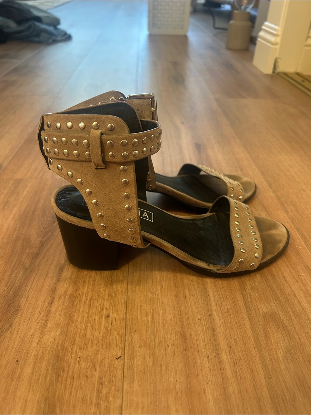 Sol Sana Tan Studded Ankle-Strap Block Heels